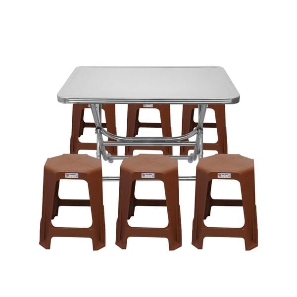 Bàn chữ nhật inox Deli 70x120 inox 304 + 6 ghế nhựa cao Jumbo