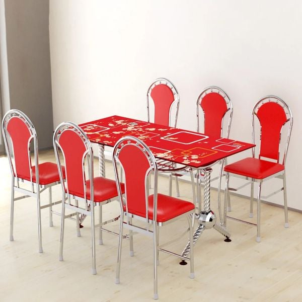 Bộ bàn kiếng chân phi thuyền/Mai đỏ - 6 ghế - Nội Ngoại Thất Inox Nhựa - Qui Phúc - quiphuc.com