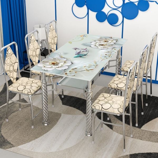 Bộ bàn kiếng chân tứ quý/Cá koi xanh - 6 ghế DELI L phi 25 - Nội Ngoại Thất Inox Nhựa - Qui Phúc - quiphuc.com