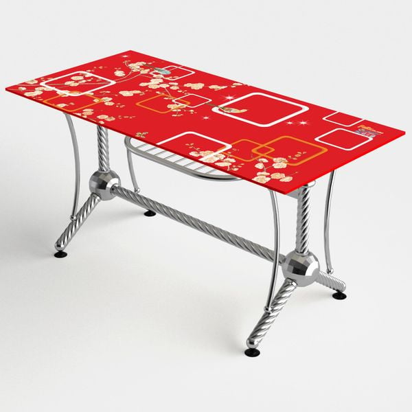 Bộ bàn kiếng chân phi thuyền/Mai đỏ - 6 ghế - Nội Ngoại Thất Inox Nhựa - Qui Phúc - quiphuc.com