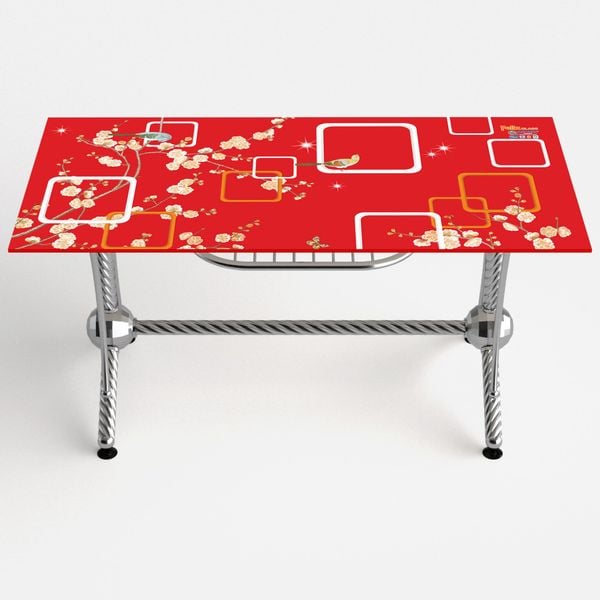 Bộ bàn kiếng chân phi thuyền/Mai đỏ - 6 ghế - Nội Ngoại Thất Inox Nhựa - Qui Phúc - quiphuc.com