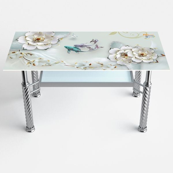 Bộ bàn kiếng chân tứ quý/Cá koi xanh - 6 ghế DELI L phi 25 - Nội Ngoại Thất Inox Nhựa - Qui Phúc - quiphuc.com