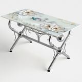  Bộ bàn kiếng chân tim/Cá koi xanh - 6 ghế FELIX mặt trăng 