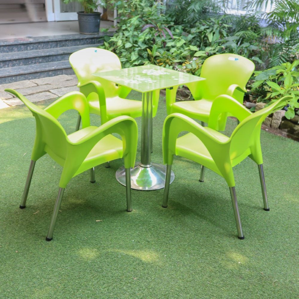  Bộ bàn kiếng 6 tấc chân mâm 1 trụ inox - 4 ghế SAKE 