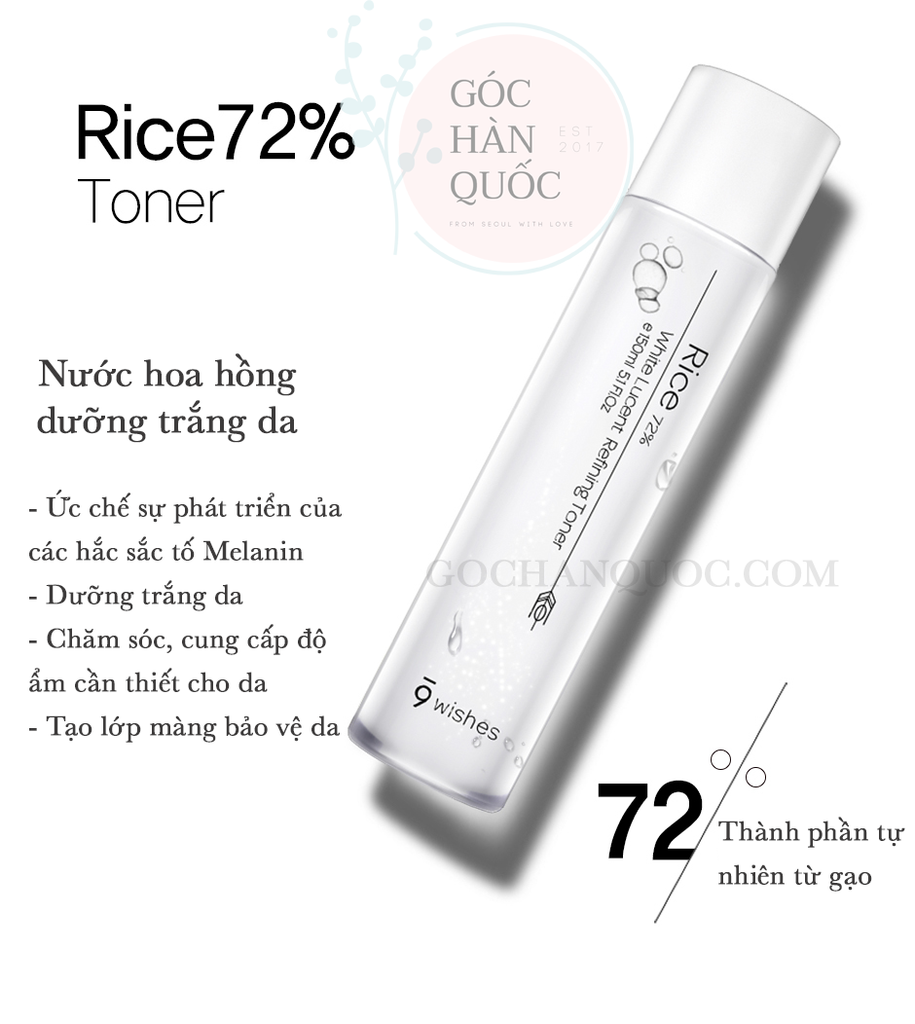  Nước hoa hồng 9 Wishes Rice 72% White Lucent Refining Toner 150ml 