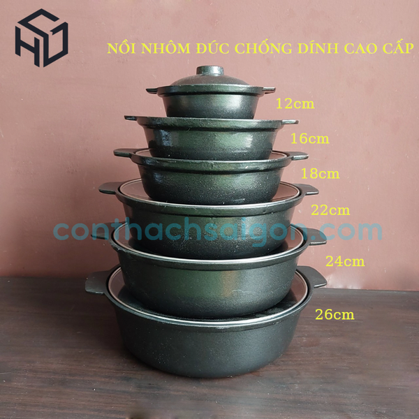Nồi Nhôm Đúc Chống Dính Nắp Kính Cao Cấp Dành Cho Nhà Hàng, Quán Ăn - Nhiều Size | Nồi Nhôm Chất Lượng