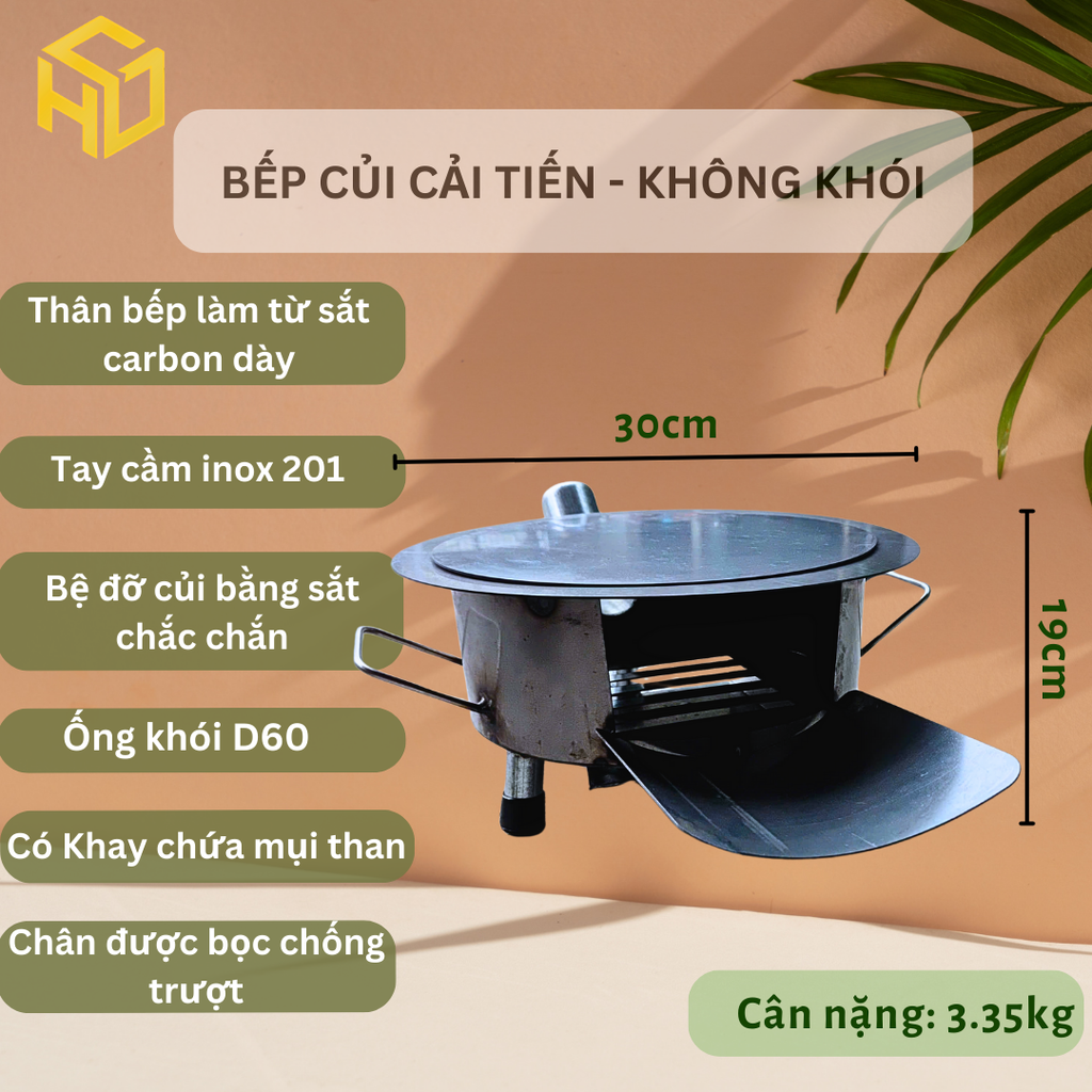 Bếp củi cải tiến HươngGiang siêu bền tròn 30cm nấu -nướng- lẩu có bệ đỡ củi, ống khói, chống đen nồi