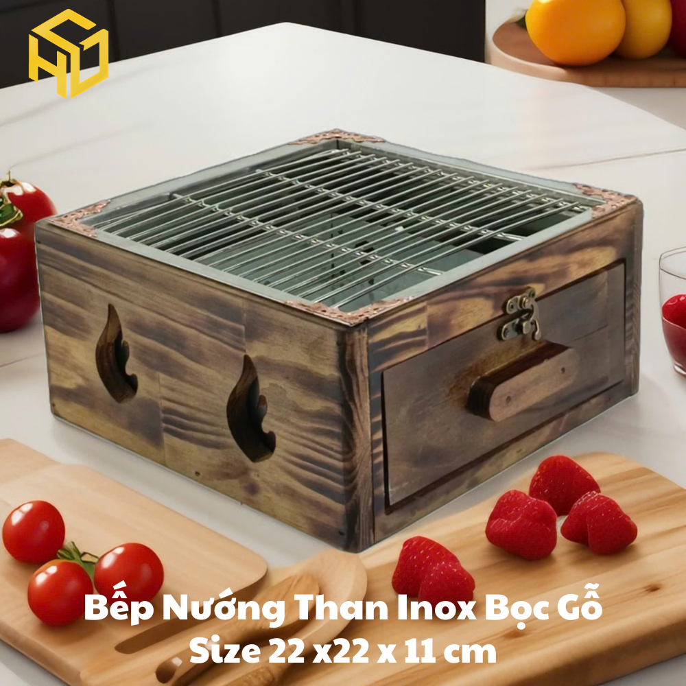 Bếp Nướng BBQ Cao Cấp | bếp nướng than mini | bếp nướng than inox bọc gỗ