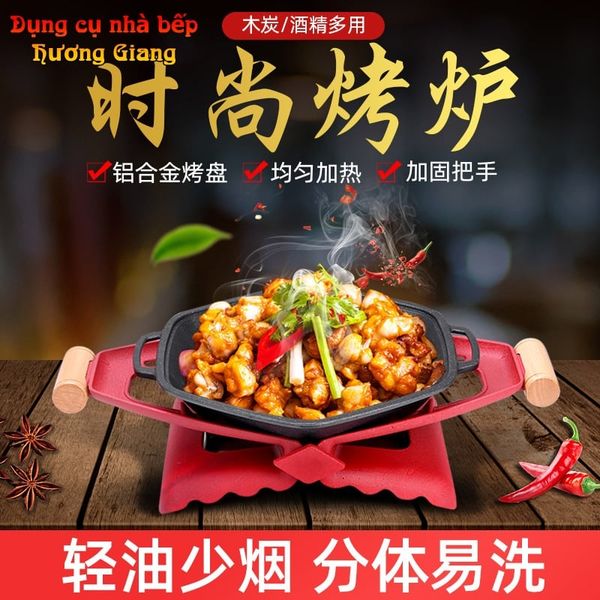 Bộ Chảo Nướng Hình Lục Giác Kèm Bếp Cồn Hơp Kim Nhôm GDNB-18