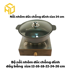 Nồi Nhôm Đúc Size 24cm Đáy Bằng Chống Dính Nắp Kính Cao Cấp Dành Cho Nhà Hàng, Quán Ăn - Nhiều Size | Nồi Nhôm Chất Lượng