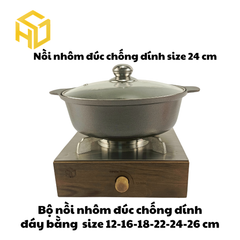 Nồi Nhôm Đúc Size 24cm Đáy Bằng Chống Dính Nắp Kính Cao Cấp Dành Cho Nhà Hàng, Quán Ăn - Nhiều Size | Nồi Nhôm Chất Lượng