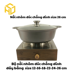 Nồi Nhôm Đúc Size 26cm Đáy Bằng Chống Dính Nắp Kính Cao Cấp Dành Cho Nhà Hàng, Quán Ăn - Nhiều Size | Nồi Nhôm Chất Lượng