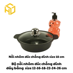 Nồi Nhôm Đúc Size 18 Đáy Bằng Chống Dính Nắp Kính Cao Cấp Dành Cho Nhà Hàng, Quán Ăn - Nhiều Size | Nồi Nhôm Chất Lượng
