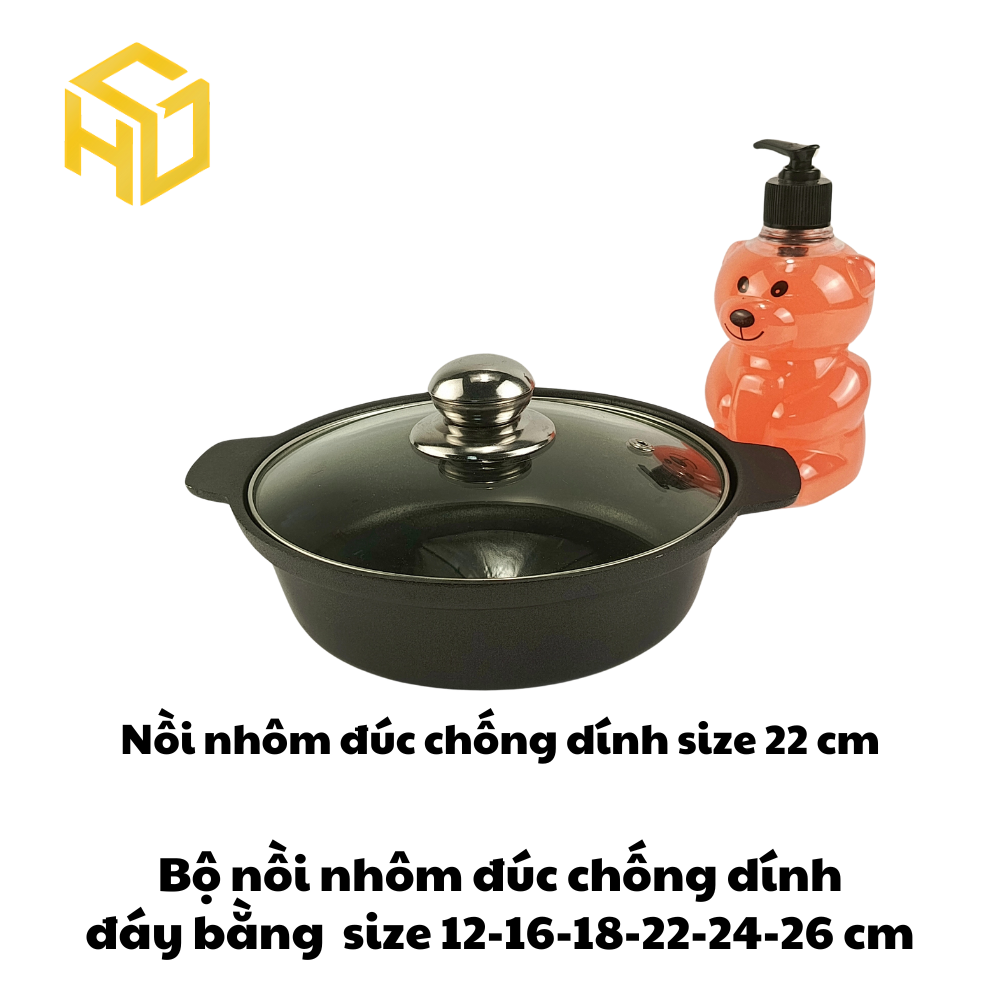 Nồi Nhôm Đúc Size 22cm Đáy Bằng Chống Dính Nắp Kính Cao Cấp Dành Cho Nhà Hàng, Quán Ăn - Nhiều Size | Nồi Nhôm Chất Lượng