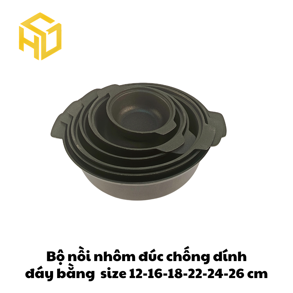 Nồi Nhôm Đúc Size 24cm Đáy Bằng Chống Dính Nắp Kính Cao Cấp Dành Cho Nhà Hàng, Quán Ăn - Nhiều Size | Nồi Nhôm Chất Lượng