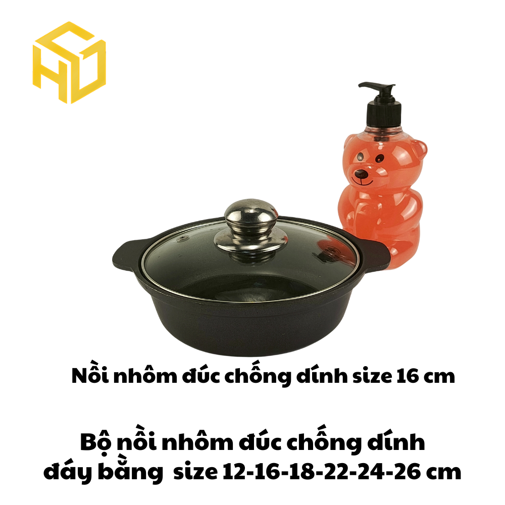 Nồi Nhôm Đúc Size 16 Đáy Bằng Chống Dính Nắp Kính Cao Cấp Dành Cho Nhà Hàng, Quán Ăn - Nhiều Size | Nồi Nhôm Chất Lượng