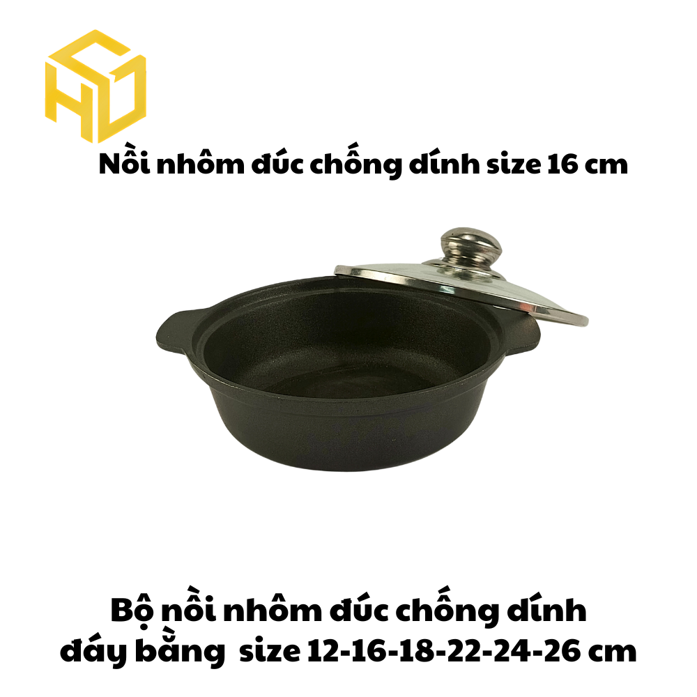 Nồi Nhôm Đúc Size 16 Đáy Bằng Chống Dính Nắp Kính Cao Cấp Dành Cho Nhà Hàng, Quán Ăn - Nhiều Size | Nồi Nhôm Chất Lượng
