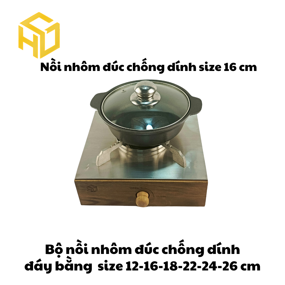 Nồi Nhôm Đúc Size 16 Đáy Bằng Chống Dính Nắp Kính Cao Cấp Dành Cho Nhà Hàng, Quán Ăn - Nhiều Size | Nồi Nhôm Chất Lượng