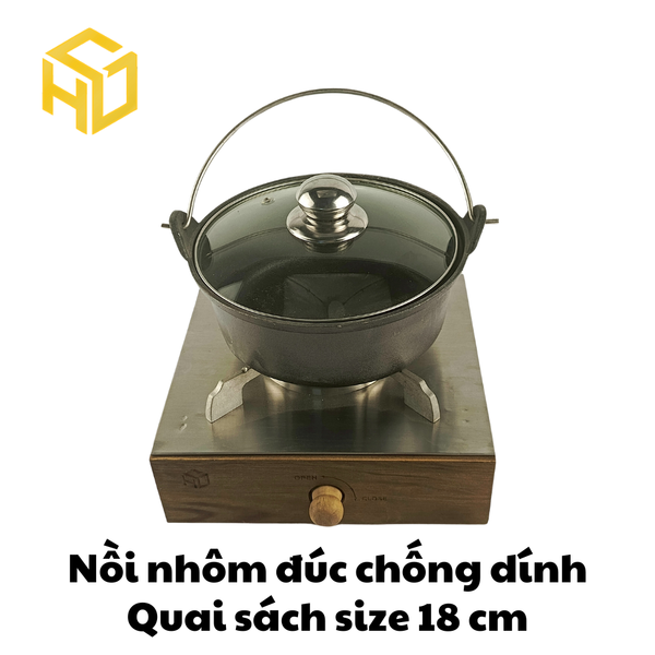 Nồi Nhôm Đúc Size 18cm Có Quai Đáy Bằng Nắp Kính Chống Dính - Dành Cho Nhà Hàng, Quán Ăn | Nồi Nhôm Cao Cấp