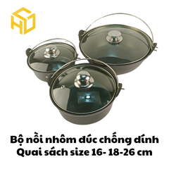 Nồi Nhôm Đúc Size 18cm Có Quai Đáy Bằng Nắp Kính Chống Dính - Dành Cho Nhà Hàng, Quán Ăn | Nồi Nhôm Cao Cấp