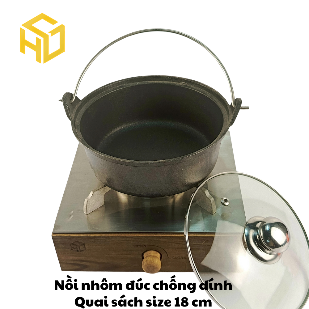 Nồi Nhôm Đúc Size 18cm Có Quai Đáy Bằng Nắp Kính Chống Dính - Dành Cho Nhà Hàng, Quán Ăn | Nồi Nhôm Cao Cấp