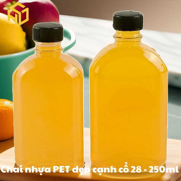 Chai nhựa PET đựng trà sữa | Chai nhựa PET Dẹp cạnh cổ 28 - 250ml