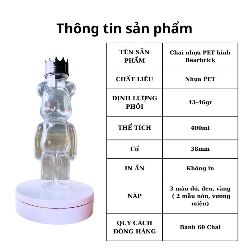 Chai nhựa PET tròn đựng trà sữa hình gấu Bearbrick 400ml