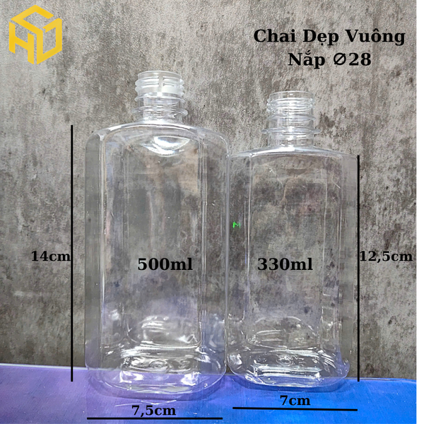 Chai nhựa PET đựng trà sữa | Chai Nhựa PET Dẹp Cạnh Vuông Cao Cổ 28mm