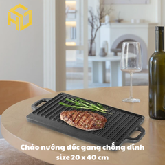 Chảo nướng đúc gang chống dính size 20 x 40 cm | chảo nướng tại bàn phong cách hàn quốc