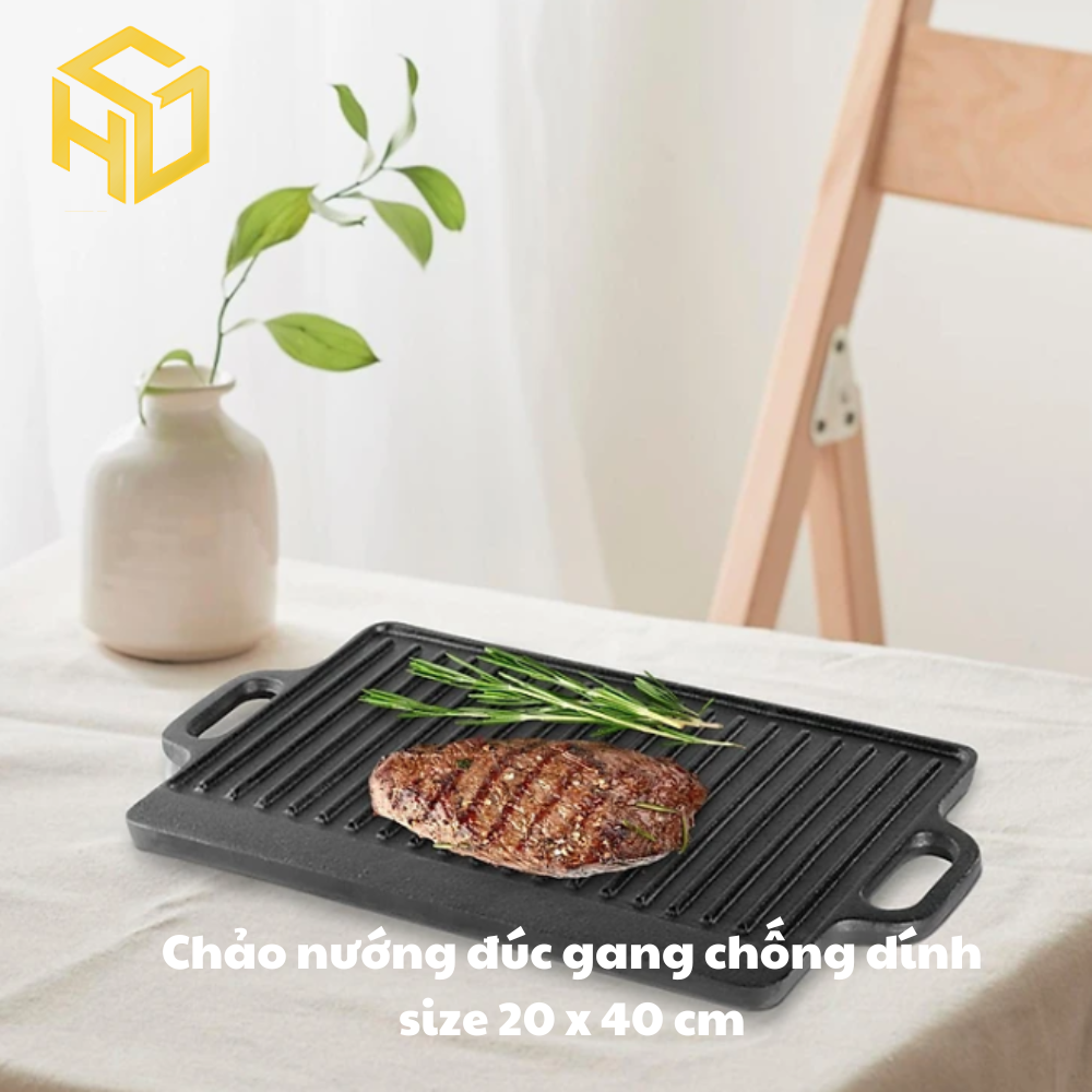 Chảo nướng đúc gang chống dính size 20 x 40 cm | chảo nướng tại bàn phong cách hàn quốc