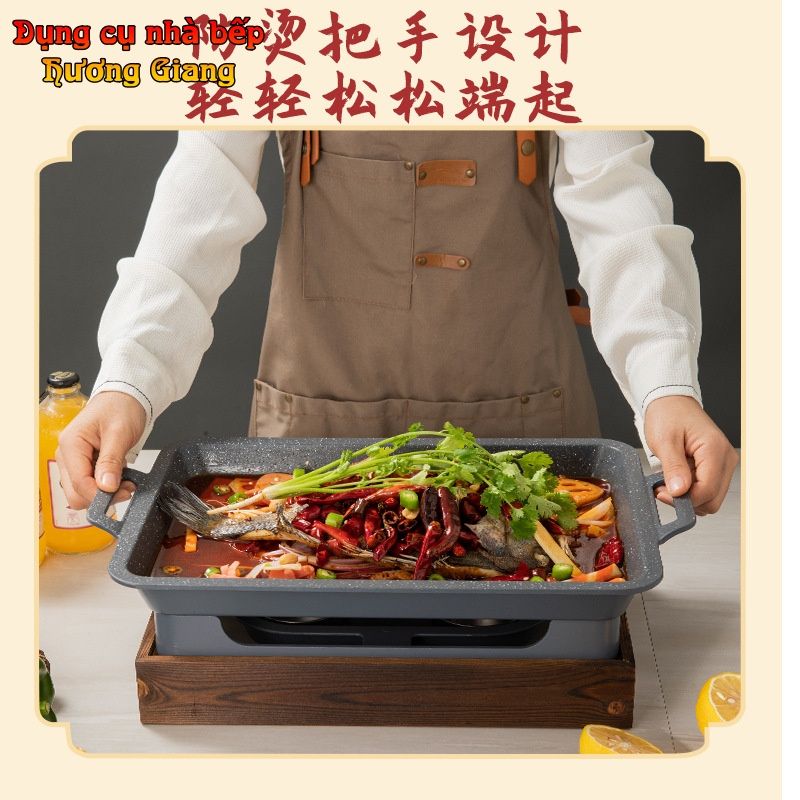 GDNB-65 Khay Nướng Phủ Chống Dính Kèm Bếp Cồn Bọc Gỗ Phong Cách Nhật Bản