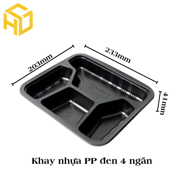 Khay nhựa đen PP 4 ngăn đựng thực phẩm | hộp nhựa 4 ngăn nhựa PP đựng cơm phần | Khay nhựa 4 ngăn đựng cơm