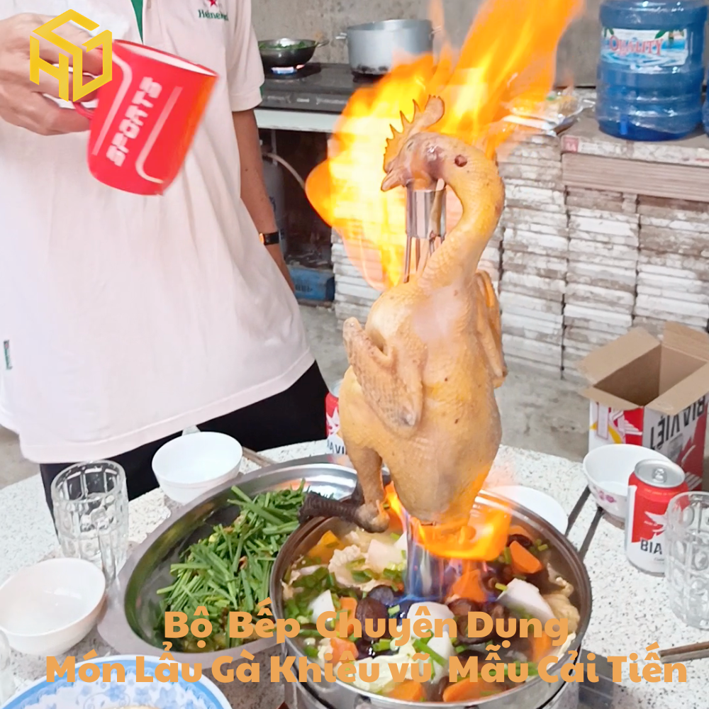 Bộ nồi lẩu gà khiêu vũ bốc lửa kèm bếp cồn chuyên dụng chống tạc gió cay mắt