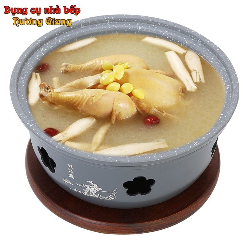 GDNB-60 Thố Nhôm Đúc Chống Dính Có Nắp Kính Kèm Bếp Cồn Nến Hâm Nóng Phong Cách Trung Hoa