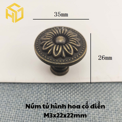 Tay núm tròn nhỏ gang đúc màu đồng giả cổ M3 - 22 x 22mm |Tay nắm kim loại giả cổ họa tiết hoa