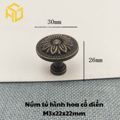 Tay núm tròn nhỏ gang đúc màu đồng giả cổ M3 - 22 x 22mm |Tay nắm kim loại giả cổ họa tiết hoa