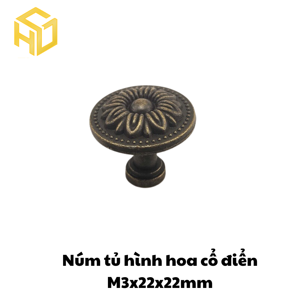 Tay núm tròn nhỏ gang đúc màu đồng giả cổ M3 - 22 x 22mm |Tay nắm kim loại giả cổ họa tiết hoa