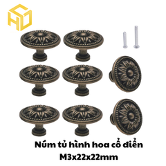 Tay núm tròn nhỏ gang đúc màu đồng giả cổ M3 - 22 x 22mm |Tay nắm kim loại giả cổ họa tiết hoa