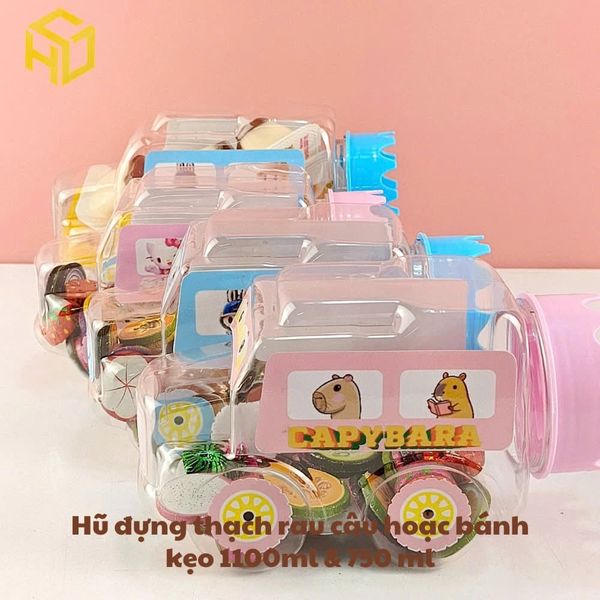 Hũ Nhựa Đựng Rau Câu, Bánh Kẹo Hình Xe Ô Tô 750ml và 1100ml kèm nắp hồng, xanh dán tem sẵn