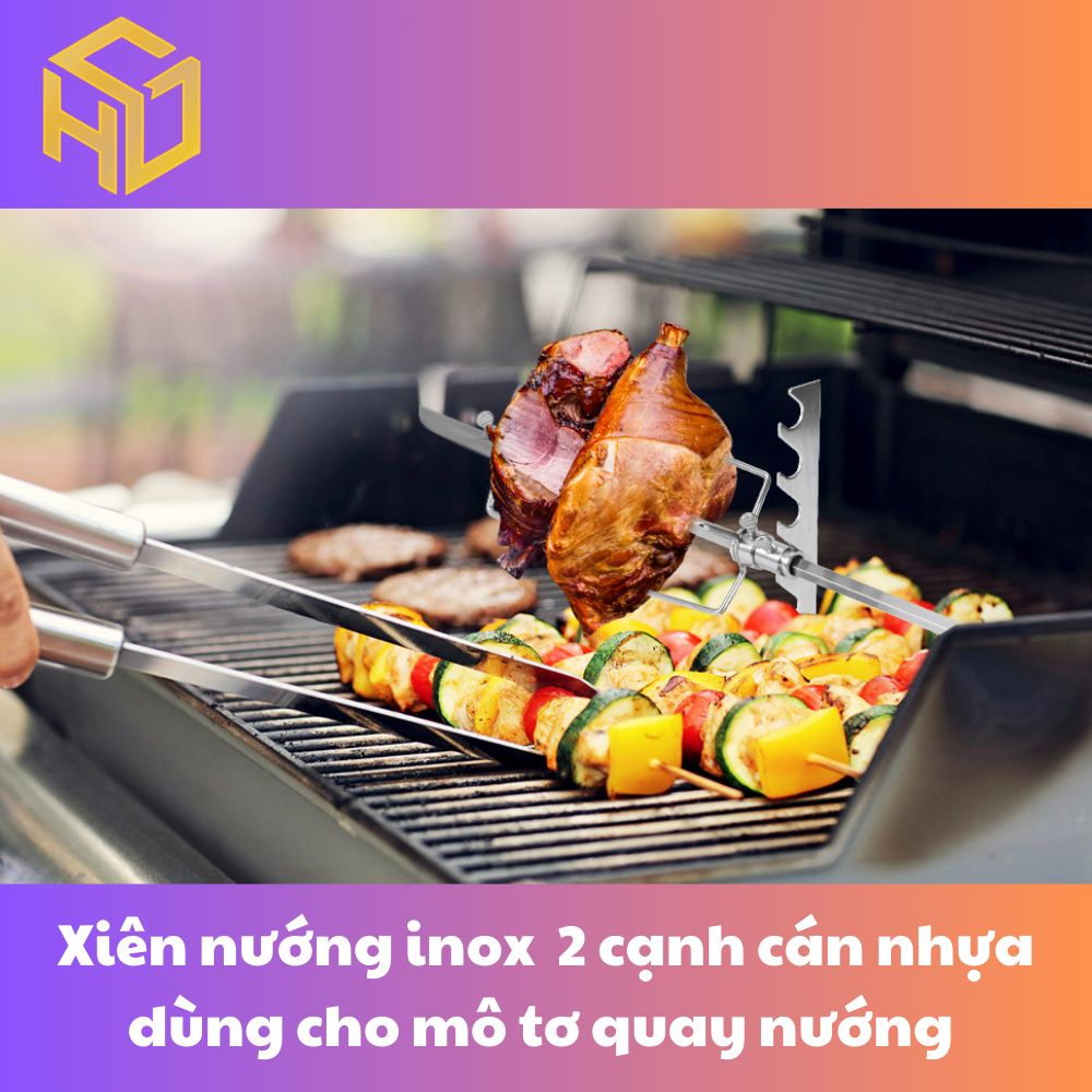 Cây xiên quay nướng gà vịt cho máy quay tự động | xiên nướng gà vịt inox 2 cạnh