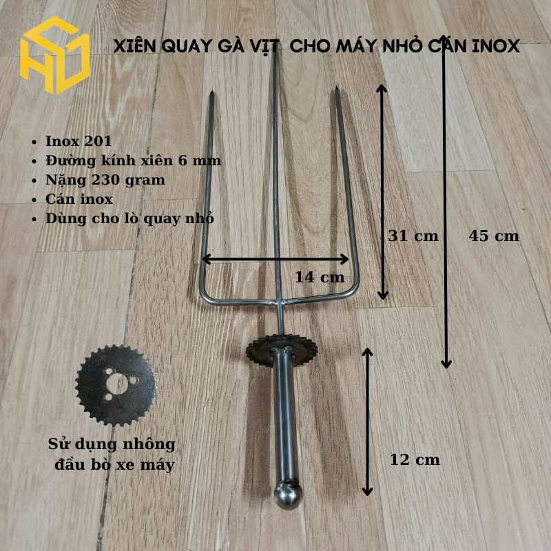Xiên nướng gà vịt cho máy nướng thịt tự động mini, Xiên 3 chỉa dùng nhông đầu bò xe máy cán gỗ, inox