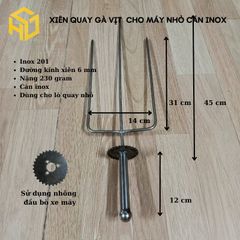 Xiên nướng gà vịt cho máy nướng thịt tự động mini, Xiên 3 chỉa dùng nhông đầu bò xe máy cán gỗ, inox