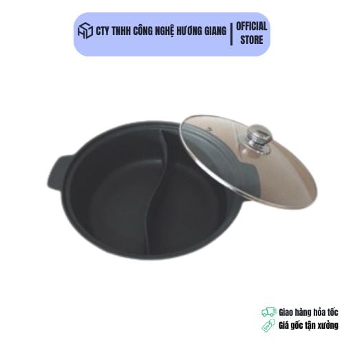 Nồi Lẩu 2 Ngăn Nắp Kính Chất Liệu Nhôm Đúc Chống Dính Cao Cấp Dành Cho Nhà Hàng Quán Ăn Size 24cm và 26cm