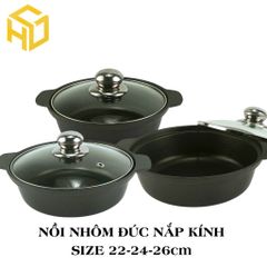 Nồi lẩu giữ nhiệt chất liệu nhôm đúc nguyên khối, nắp kính sang trọng size 22,24,26cm dành cho quán