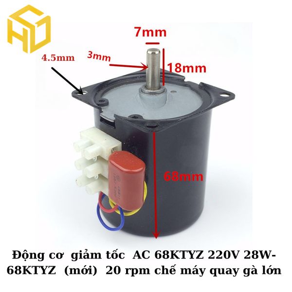 Động cơ  giảm tốc  AC 68KTYZ 220V 28W- 68KTYZ  (mới)  20 rpm chế máy quay gà lớn