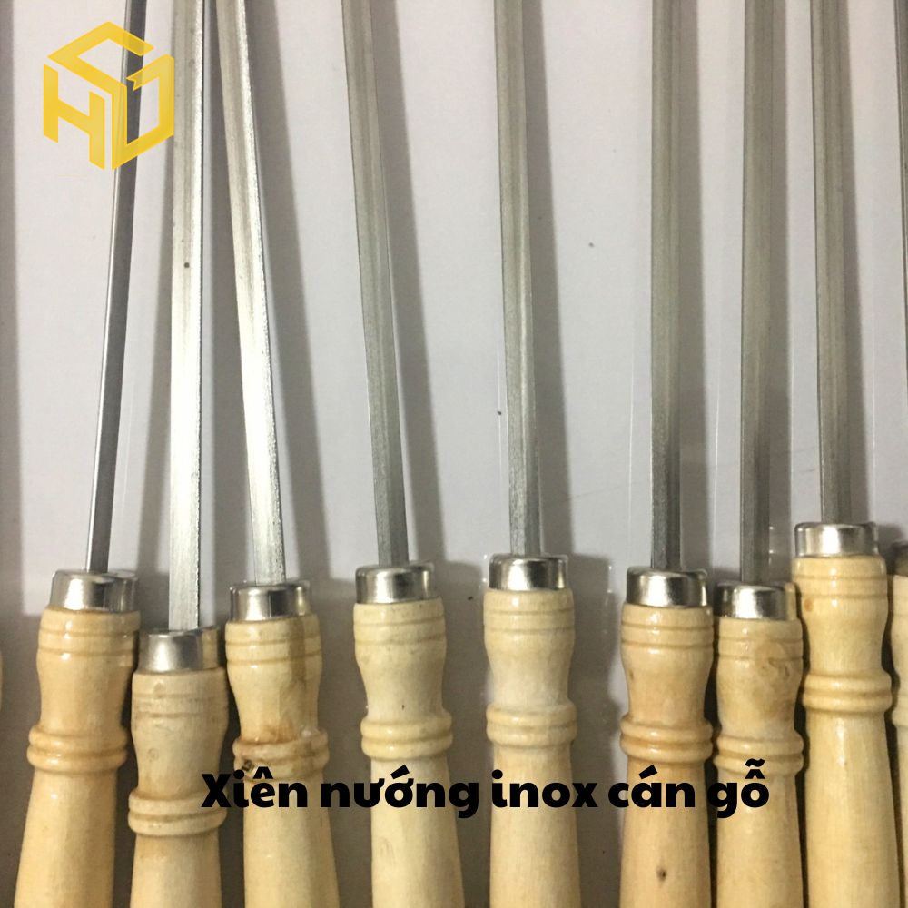 Combo 5 xiên nướng inox cán gỗ chuyên nướng thịt tại bàn, cạnh dẹt giữ chặt thực phẩm, hạn chế xoay