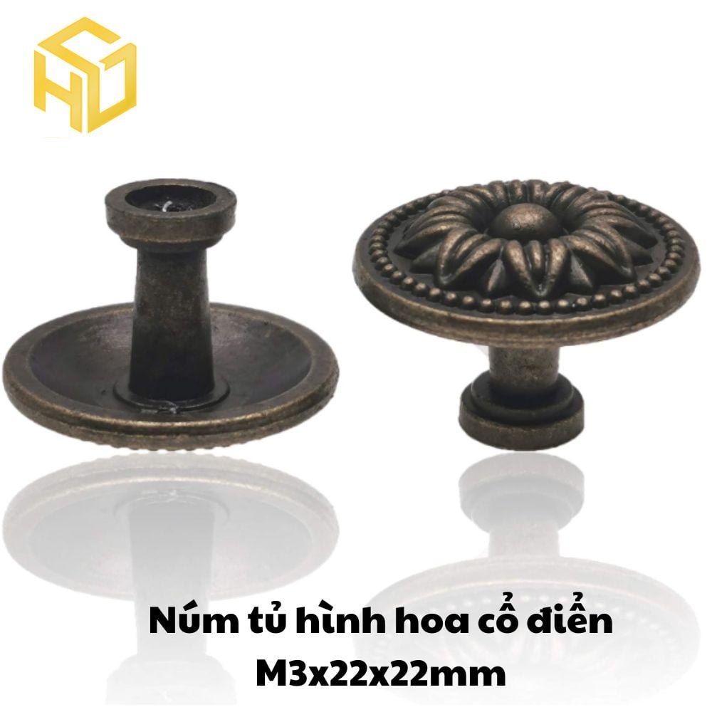 Combo 5 Tay núm tròn nhỏ gang đúc màu đồng giả cổ M3 - 22 x 22mm |Tay nắm kim loại giả cổ họa tiết