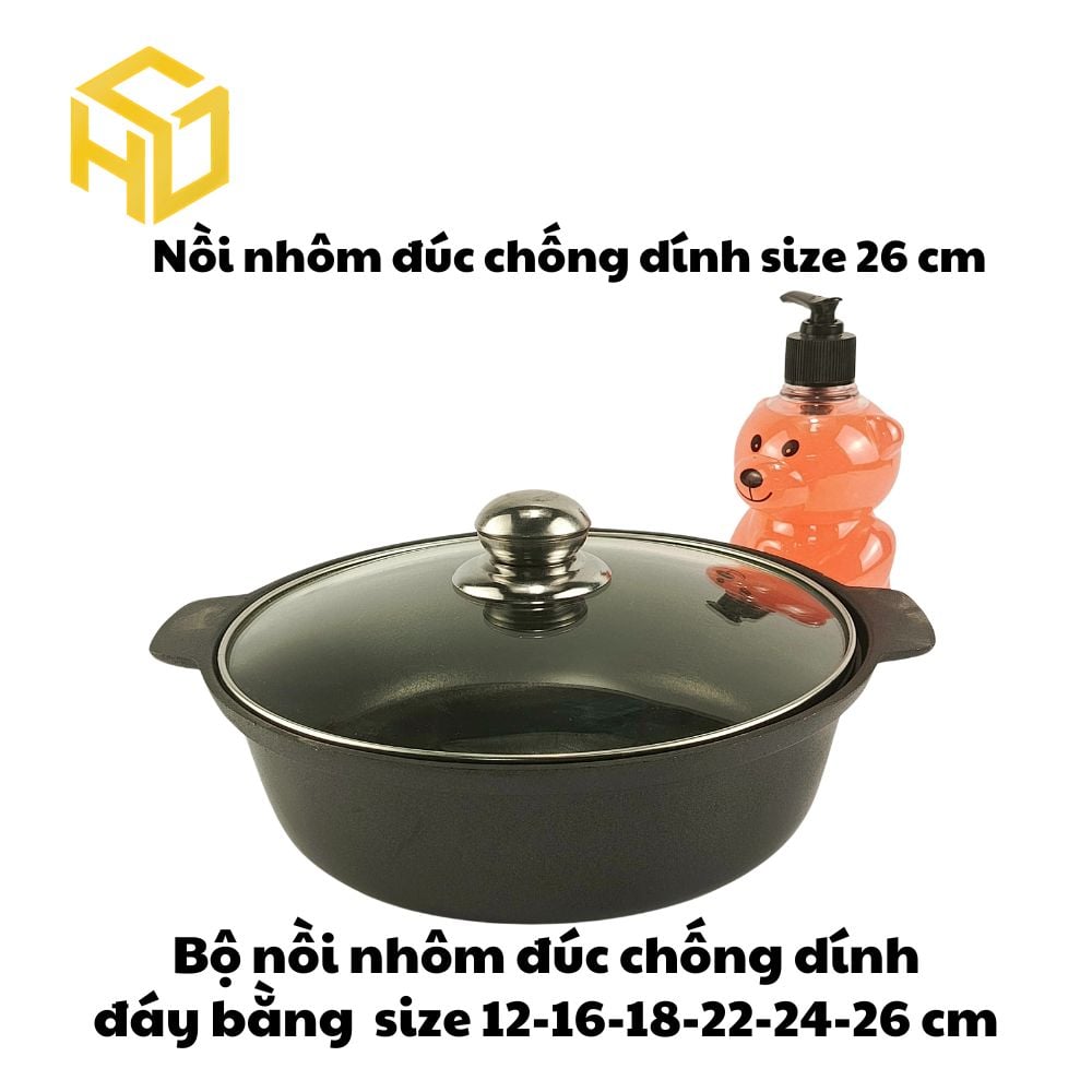 Nồi Nhôm Đúc Size 26cm Đáy Bằng Chống Dính Nắp Kính Cao Cấp Dành Cho Nhà Hàng - Giữ Nhiệt Tốt