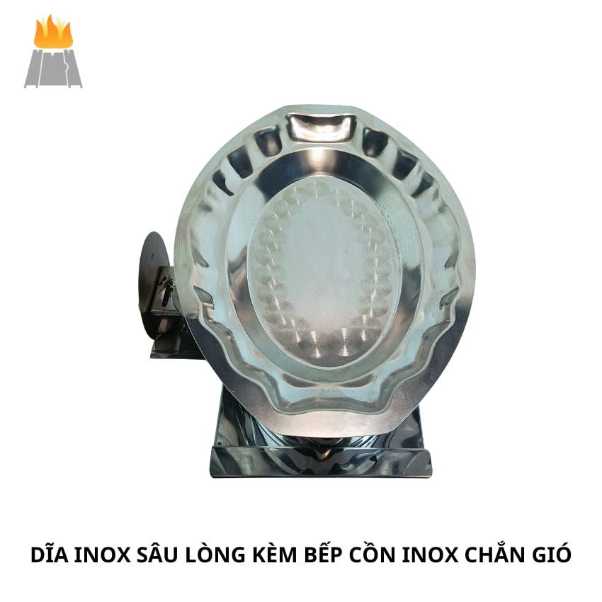 Dĩa Inox Sâu Lòng Kèm Bếp Cồn Chắn Gió Hương Giang-Tặng Kèm Vá Múc-Chuyên Dụng Cho Món Hấp, Né, Xào
