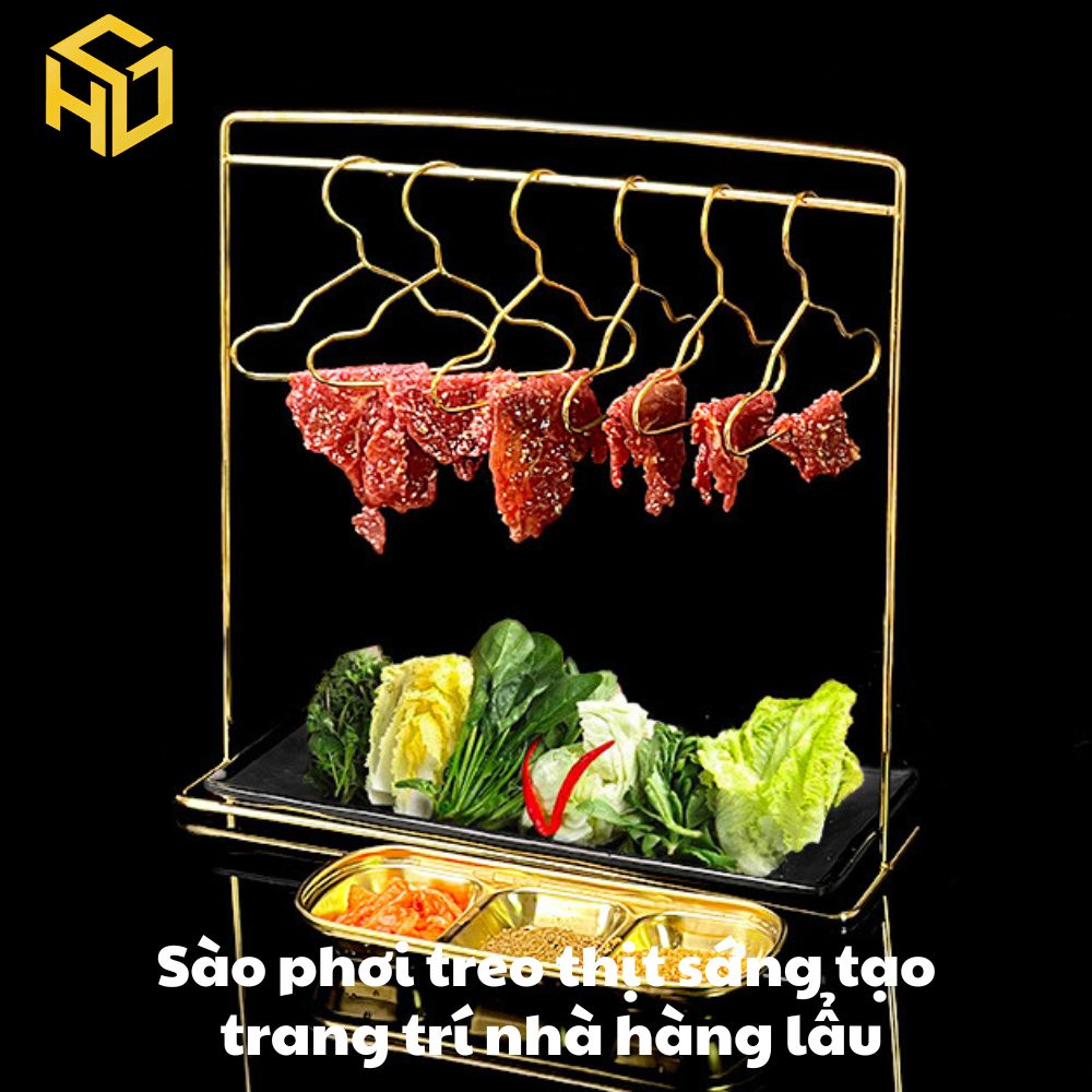 Khung treo, Sào treo móc thịt trang trí  bàn tiệc cho nhà hàng lẩu sáng tạo, tặng kèm 10 móc